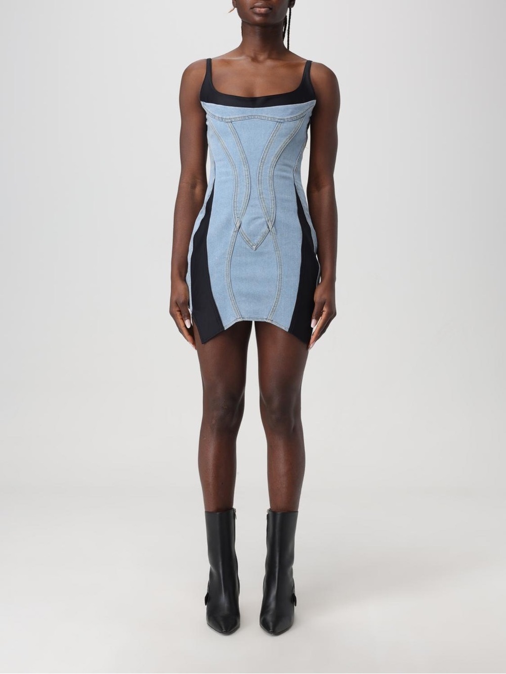 Mugler Corset Denim Mini Dress Blue Black Paneled Designer Size Large
